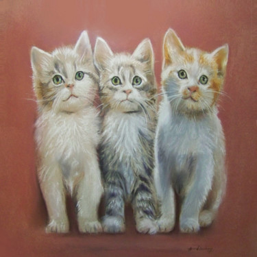 Peinture intitulée "Trois Chats" par Henri Eisenberg, Œuvre d'art originale, Pastel