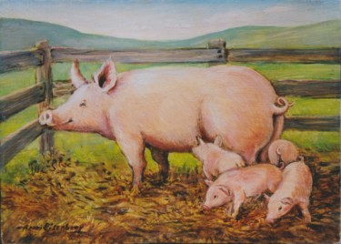 Malerei mit dem Titel "Cochons" von Henri Eisenberg, Original-Kunstwerk, Acryl Auf Keilrahmen aus Holz montiert