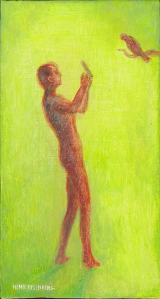 Painting titled "Homme et Oiseau" by Henri Eisenberg, Original Artwork, Acrylic Mounted on Wood Stretcher frame