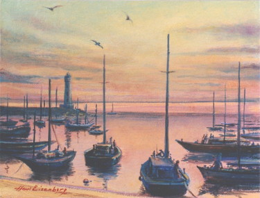 Malerei mit dem Titel "Port au crépuscule" von Henri Eisenberg, Original-Kunstwerk, Acryl Auf Keilrahmen aus Holz montiert