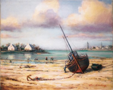 Painting titled "Bateau sur la plage" by Henri Eisenberg, Original Artwork, Acrylic Mounted on Wood Stretcher frame