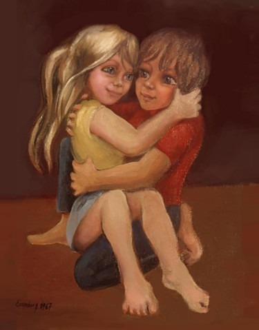 Painting titled "Enfants qui s'aiment" by Henri Eisenberg, Original Artwork, Oil Mounted on Wood Stretcher frame