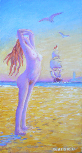 Painting titled "Nu à la plage" by Henri Eisenberg, Original Artwork, Acrylic Mounted on Wood Stretcher frame