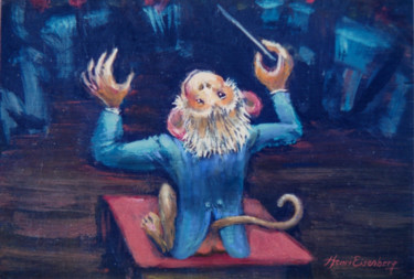 Painting titled "Singe chef d'orches…" by Henri Eisenberg, Original Artwork, Acrylic Mounted on Wood Panel