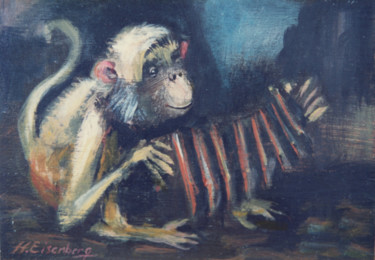 Peinture intitulée "Singe accordéoniste" par Henri Eisenberg, Œuvre d'art originale, Acrylique Monté sur Panneau de bois