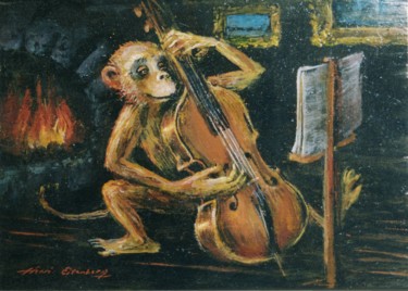 Painting titled "Singe violoncelliste" by Henri Eisenberg, Original Artwork, Acrylic Mounted on Wood Panel