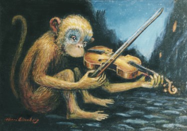 Peinture intitulée "Singe violon" par Henri Eisenberg, Œuvre d'art originale, Acrylique Monté sur Panneau de bois