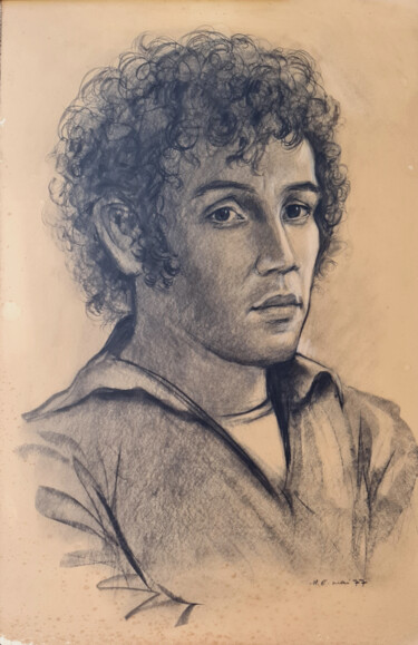 Tekening getiteld "Autoportrait 77" door Henri Eisenberg, Origineel Kunstwerk, Houtskool Gemonteerd op Karton