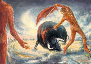 Painting titled "Corrida" by Henri Eisenberg, Original Artwork, Oil Mounted on Wood Stretcher frame