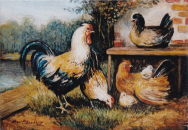 Painting titled "Poulailler 1" by Henri Eisenberg, Original Artwork, Acrylic Mounted on Wood Panel