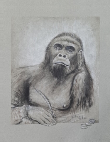 Painting titled "Singe qui écrit (ou…" by Henri Eisenberg, Original Artwork, Charcoal Mounted on Cardboard