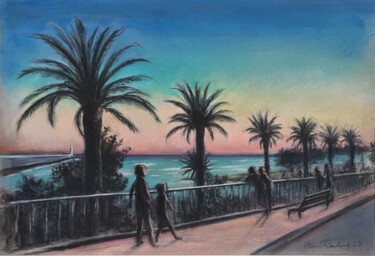 Schilderij getiteld "Marbella promenade" door Henri Eisenberg, Origineel Kunstwerk, Pastel Gemonteerd op Karton