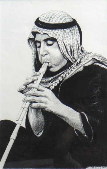 Drawing titled "La Flûte" by Henri Eisenberg, Original Artwork, Conté