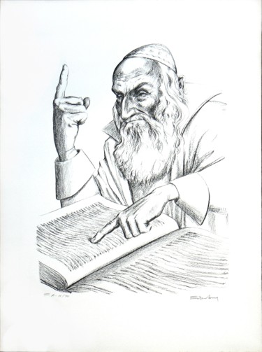 Gravures & estampes intitulée "Rabbin qui enseigne" par Henri Eisenberg, Œuvre d'art originale, Lithographie