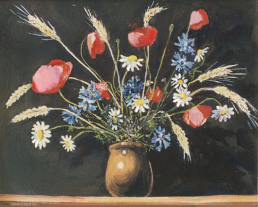 Painting titled "Bouquet de Fleurs d…" by Henri Eisenberg, Original Artwork, Oil Mounted on Wood Stretcher frame