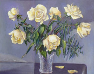 Painting titled "Roses jaunes" by Henri Eisenberg, Original Artwork, Oil Mounted on Wood Stretcher frame