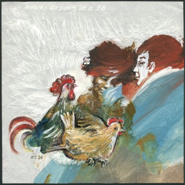 Painting titled "Coq, Poule et Couple" by Henri Eisenberg, Original Artwork, Watercolor Mounted on Cardboard