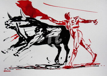 Zeichnungen mit dem Titel "Tauromachie N°5" von Henri Ibara, Original-Kunstwerk, Tinte