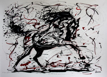 Drawing titled "Cheval noir 2" by Henri Ibara, Original Artwork, Ink