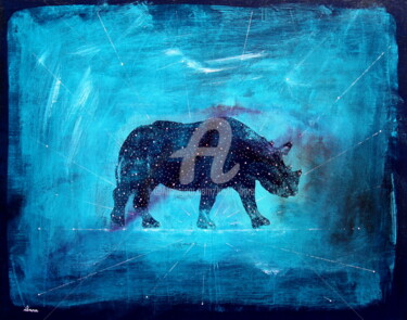 Peinture intitulée "Rhinocéros en bleu" par Henri Ibara, Œuvre d'art originale, Acrylique