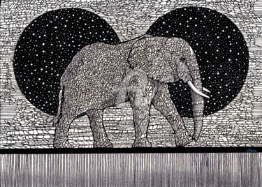 Tekening getiteld "Eléphant minéral" door Henri Ibara, Origineel Kunstwerk, Inkt