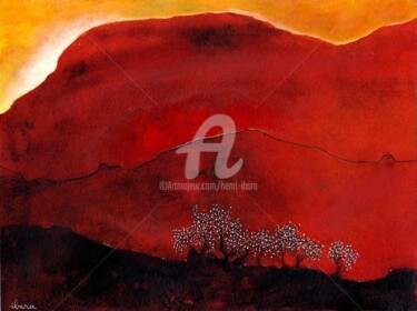 Painting titled "La montagne rouge" by Henri Ibara, Original Artwork, Gouache Mounted on Glass