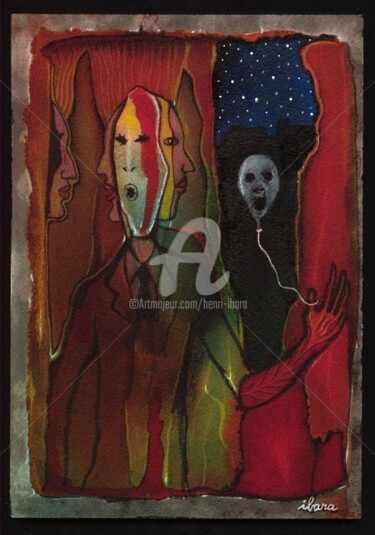 Dessin intitulée "Le masque de la mor…" par Henri Ibara, Œuvre d'art originale, Encre