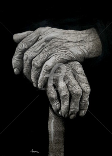 Dessin intitulée "Les mains du vieil…" par Henri Ibara, Œuvre d'art originale, Crayon