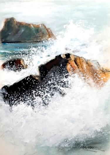 Painting titled "La vague" by Henri Ibara, Original Artwork, Gouache Mounted on Cardboard