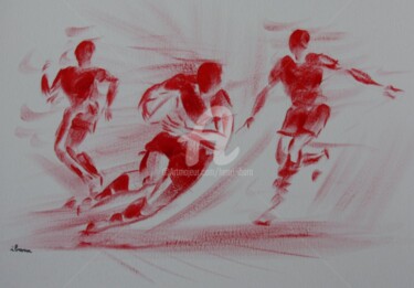 「Rugby A」というタイトルの描画 Henri Ibaraによって, オリジナルのアートワーク, グワッシュ水彩画