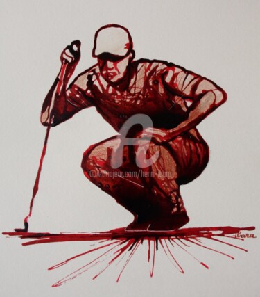 「Golfeur accroupi」というタイトルの描画 Henri Ibaraによって, オリジナルのアートワーク, インク