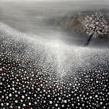 Peinture intitulée "arbre-et-fleurs-bla…" par Henri Ibara, Œuvre d'art originale, Acrylique