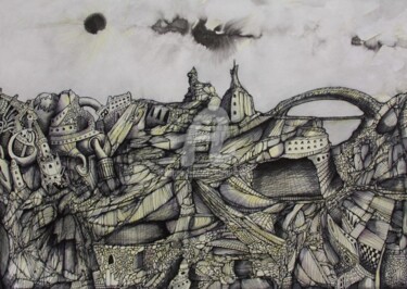 Zeichnungen mit dem Titel "ville-minerale-par-…" von Henri Ibara, Original-Kunstwerk, Tinte