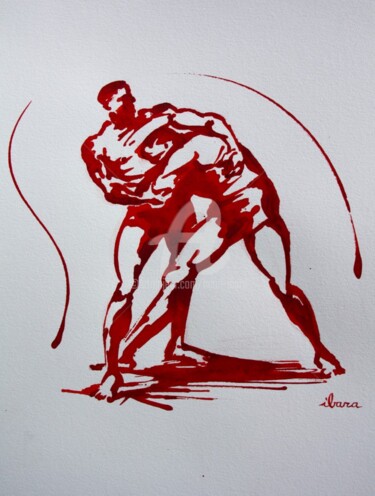 Disegno intitolato "lutte-n-4-dessin-en…" da Henri Ibara, Opera d'arte originale, Inchiostro