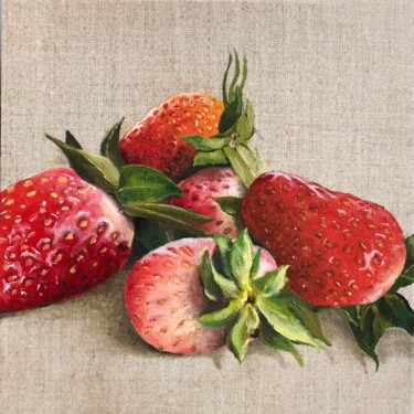 Painting titled "Les autres fraises" by Henri Lequerré, Original Artwork, Oil Mounted on Cardboard