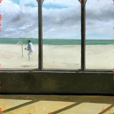 Painting titled "La plage anglaise" by Henri Lequerré, Original Artwork, Oil Mounted on Wood Stretcher frame
