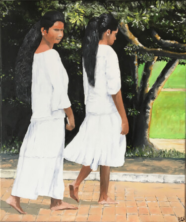 Peinture intitulée "deux Srilankaises" par Henri Papillon, Œuvre d'art originale, Huile