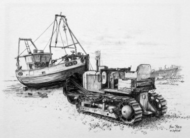 Zeichnungen mit dem Titel "Vieux bateau et Tra…" von Henri Remi, Original-Kunstwerk, Bleistift
