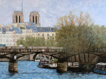 Le Pont des Arts et les tours de Notre Dame de Paris Peinture intitulée "Le Pont des Arts et…" par Henri Remi, Œuvre d'art originale, Huile