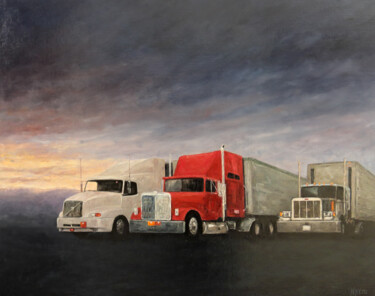 Peinture intitulée "Trois Camions en Am…" par Henri Remi, Œuvre d'art originale, Huile