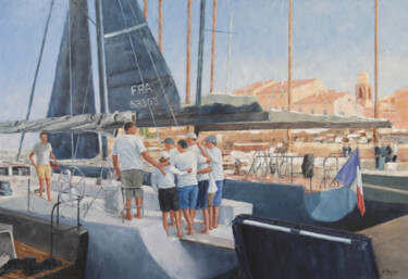 「St Tropez : Briefin…」というタイトルの絵画 Henri Remiによって, オリジナルのアートワーク, オイル ウッドストレッチャーフレームにマウント