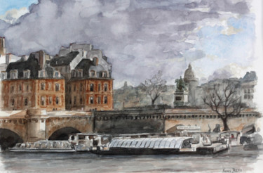 Painting titled "Le Pont Neuf à Paris" by Henri Remi, Original Artwork, Watercolor