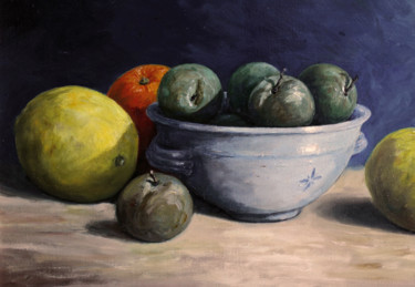 Pintura intitulada "Bol de prunes et ci…" por Henri Remi, Obras de arte originais, Óleo