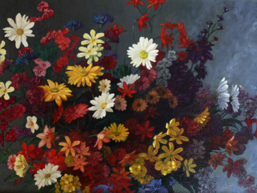 Peinture intitulée "Brassée de fleurs s…" par Henri Remi, Œuvre d'art originale, Huile