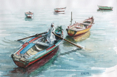 Peinture intitulée "Pêcheur sur le lac…" par Henri Remi, Œuvre d'art originale, Aquarelle