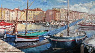 Pittura intitolato "Barques de pêcheurs…" da Henri Remi, Opera d'arte originale, Olio