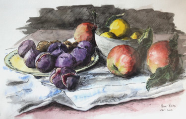 Peinture intitulée "Assiette de figues,…" par Henri Remi, Œuvre d'art originale, Encre