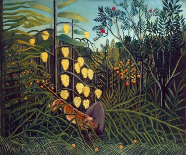 Pintura titulada "Combat de tigre et…" por Henri Rousseau, Obra de arte original, Oleo