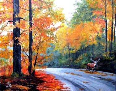 Painting titled "Cerf d'automne" by Henri Sacchi, Original Artwork, Acrylic