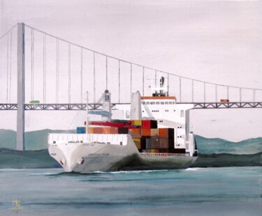 Painting titled "cargo sous un pont" by Henri Sacchi, Original Artwork, Acrylic